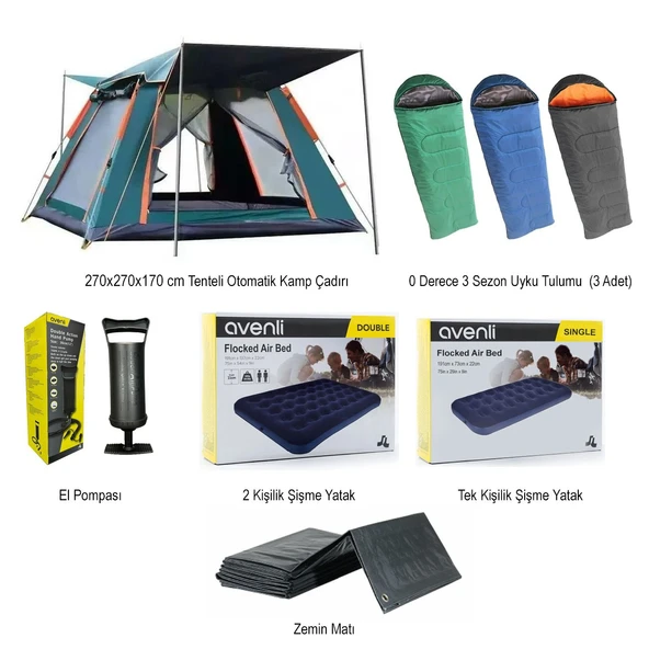 Yek Outdoor 6 Kişilik Tam Otomatik Tenteli Kamp Çadırı- 3 Adet 0°Uyku Tulumu-Şişme Yatak - 9