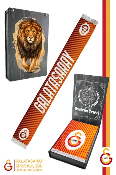 Galatasaray Orijinal Lisanslı Çift Yön Baskılı Şal Kaşkol Atkı Aslan Baskılı Ahşap Kutulu