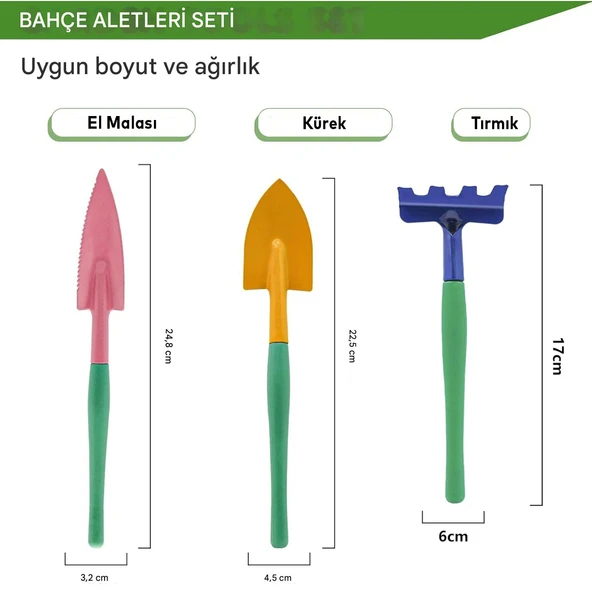 Hobi 3'lü Set Çapa Tırmık Metal Bahçe Tarla Çim Peyzaj Bitki Çiçek Ekme Toprak İşleme Küreği Küçük - 2