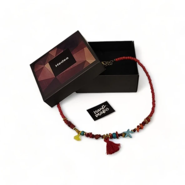 Büyülü Yansıma Doğal Taş ve Boncuk Kadın Kolye Kırmızı - Resim 2