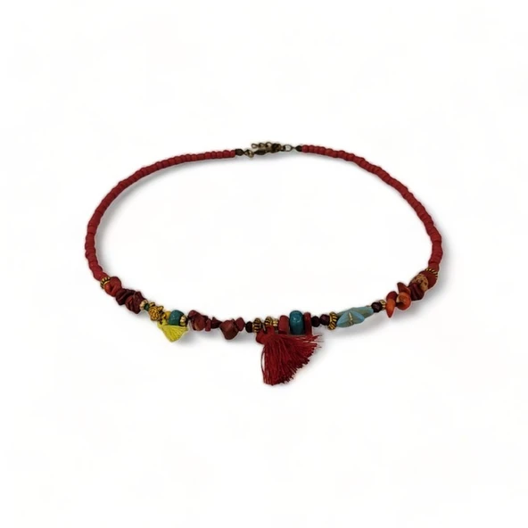 Büyülü Yansıma Doğal Taş ve Boncuk Kadın Kolye Kırmızı ürün görseli