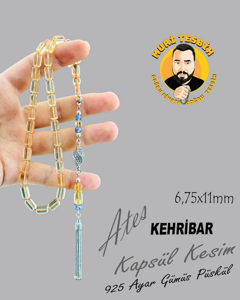 925 AYAR GÜMÜŞ PÜSKÜLLÜ ATEŞ KEHRİBAR KAPSÜL KESİM 6,75X11 - 4