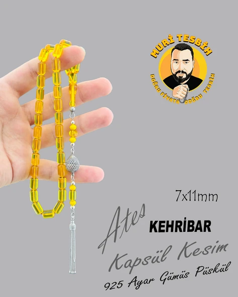 925 AYAR GÜMÜŞ PÜSKÜLLÜ ATEŞ KEHRİBAR KAPSÜL KESİM 7X11 - 4
