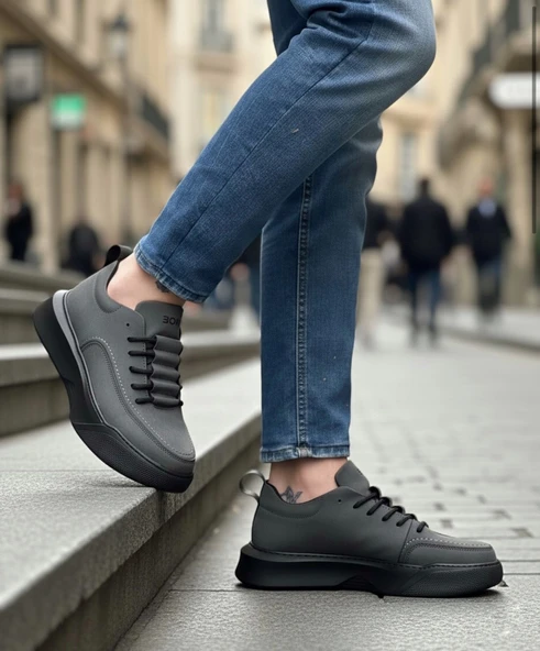 ET0332 Merdiven Desen Bağcıklı Erkek Yüksek Taban Füme Cilt Spor Ayakkabı - Resim 3