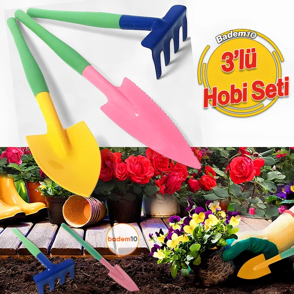 Hobi 3'lü Set Çapa Tırmık Metal Bahçe Tarla Çim Peyzaj Bitki Çiçek Ekme Toprak İşleme Küreği Küçük
