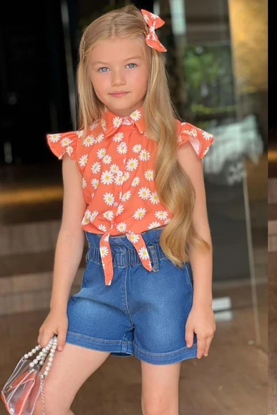Kız Çocuk Bebe Yaka Papatya Baskılı Omzu Fırfırlı Gömlek Beli Lastikli Jean Şortlu Takım - 5