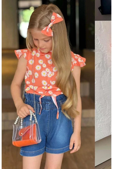 Kız Çocuk Bebe Yaka Papatya Baskılı Omzu Fırfırlı Gömlek Beli Lastikli Jean Şortlu Takım - Resim 3