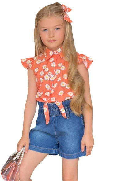 Kız Çocuk Bebe Yaka Papatya Baskılı Omzu Fırfırlı Gömlek Beli Lastikli Jean Şortlu Takım - 8