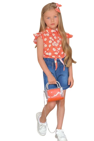 Kız Çocuk Bebe Yaka Papatya Baskılı Omzu Fırfırlı Gömlek Beli Lastikli Jean Şortlu Takım - 6