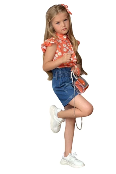 Kız Çocuk Bebe Yaka Papatya Baskılı Omzu Fırfırlı Gömlek Beli Lastikli Jean Şortlu Takım - 7