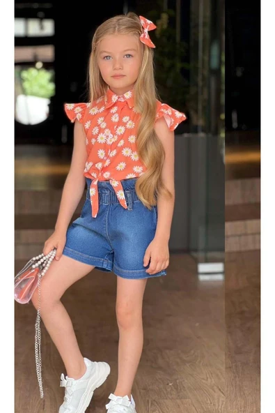 Kız Çocuk Bebe Yaka Papatya Baskılı Omzu Fırfırlı Gömlek Beli Lastikli Jean Şortlu Takım - 2