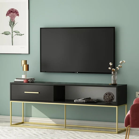 Mira TV Ünitesi 160 cm – Kapaklı ve Raflı, Gold Ayak, Modern Tasarım - 5
