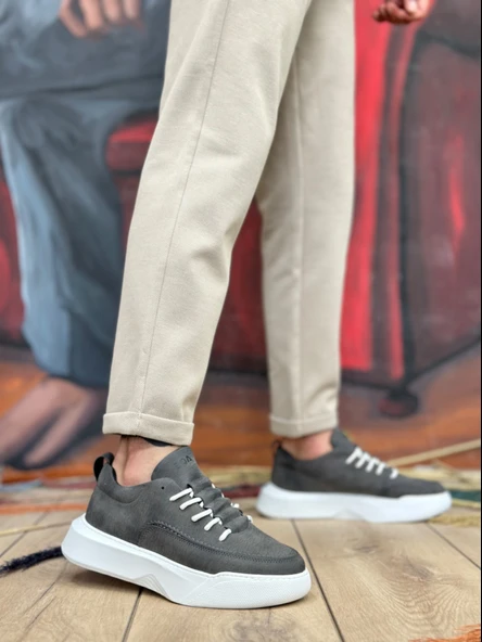 ET0332 Merdiven Desen Bağcıklı Erkek Yüksek Taban Antrasit Cilt Spor Ayakkabı - 2