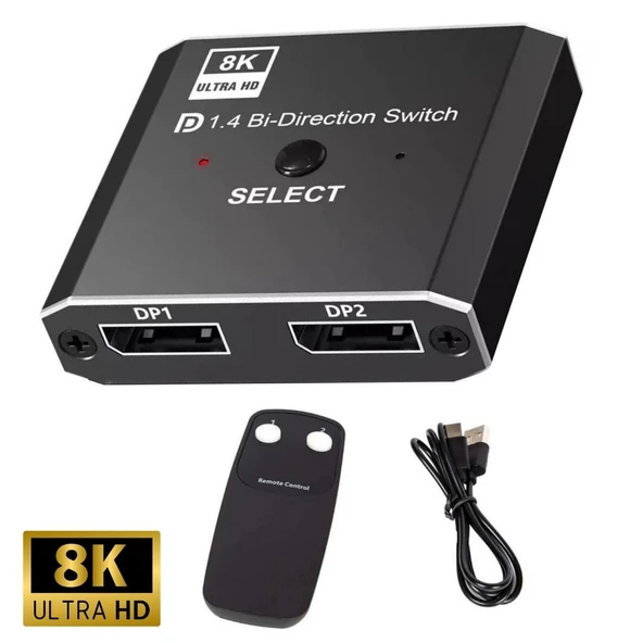 8K DisplayPort Switch | Çift Yönlü Geçiş, Uzaktan Kumanda ile 8K@30Hz - 4K@120Hz Destekli