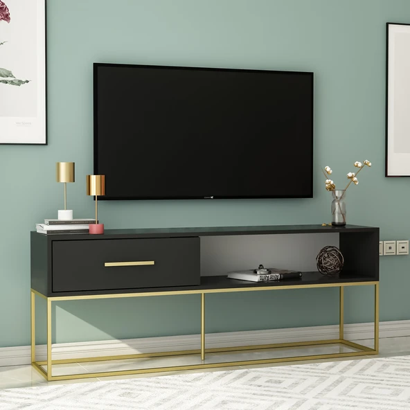 Mira TV Ünitesi 160 cm – Kapaklı ve Raflı, Gold Ayak, Modern Tasarım