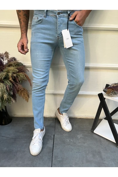 ENERJİN Erkek Jeans Skinny Fit Likralı Buz Blue Tırnaklı