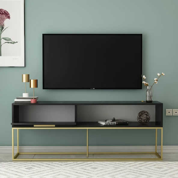 Mira TV Ünitesi 160 cm – Kapaklı ve Raflı, Gold Ayak, Modern Tasarım - 3