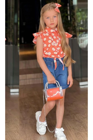 Kız Çocuk Bebe Yaka Papatya Baskılı Omzu Fırfırlı Gömlek Beli Lastikli Jean Şortlu Takım