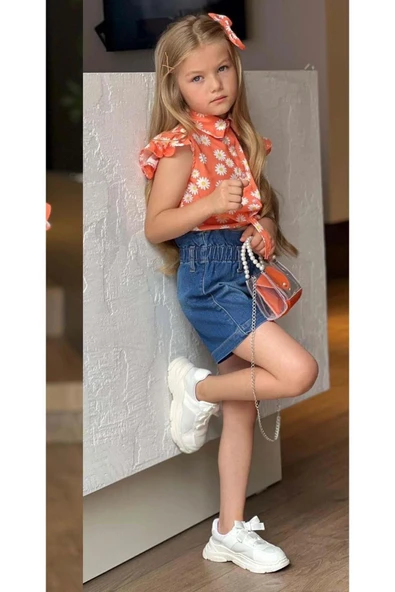 Kız Çocuk Bebe Yaka Papatya Baskılı Omzu Fırfırlı Gömlek Beli Lastikli Jean Şortlu Takım - Resim 4