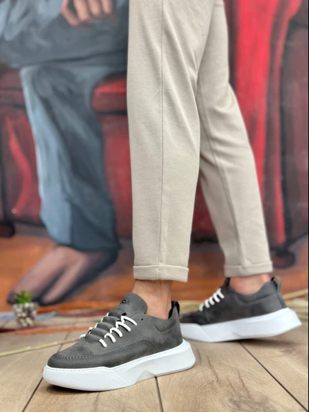 ET0332 Merdiven Desen Bağcıklı Erkek Yüksek Taban Antrasit Cilt Spor Ayakkabı - 3