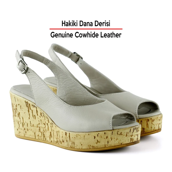 Erkan Saçmacı Heather Vizon Hakiki Dana Derisi Mantar Taban Görünümlü Dolgu Topuklu Sandalet - 3