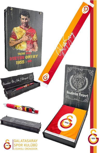 Galatasaray Orijinal Lisanslı Şal Kaşkol Atkı ve Premium Uçlu Kalem Set Aslan Baskılı Ahşap Kutulu