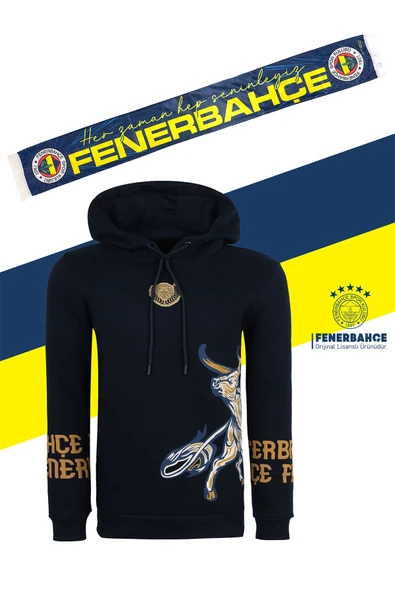 Fenerbahçe Orijinal Lisanslı Kapüşonlu Kolej Sweat Kadıköy Boğası Basklı + Şal Kaşkol Set