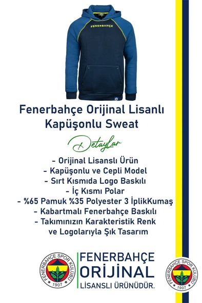 Fenerbahçe Orijinal Lisanslı Kapüşonlu Mavi Erkek Sweat - 3