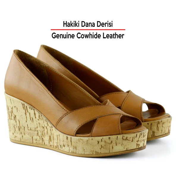 Erkan Saçmacı Astrid Taba Hakiki Deri Çapraz Bantlı Mantar Taban Görünümlü Dolgu Topuklu Sandalet - 4