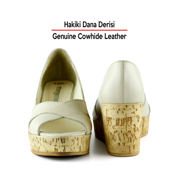 Erkan Saçmacı Astrid Bej Hakiki Deri Çapraz Bantlı Mantar Taban Görünümlü Dolgu Topuklu Sandalet - 6