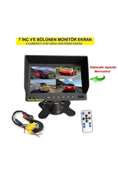 7 inç 4'e Bölünen Monitör Ekran (4 Kamerayı Aynı Anda Gösterir)