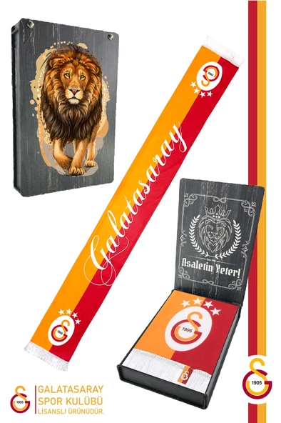 Galatasaray Orijinal Lisanslı Çift Yön Baskılı Şal Kaşkol Atkı Aslan Baskılı Ahşap Kutulu