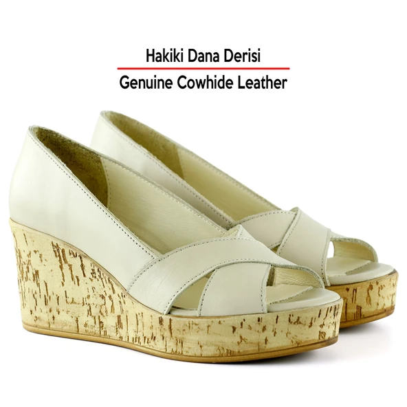 Erkan Saçmacı Astrid Bej Hakiki Deri Çapraz Bantlı Mantar Taban Görünümlü Dolgu Topuklu Sandalet - 4