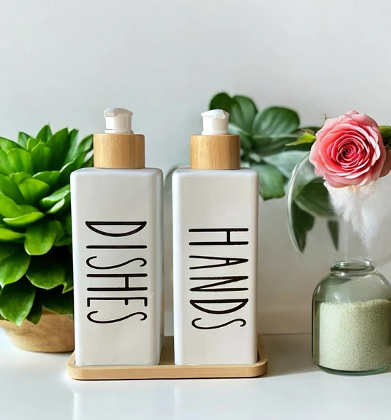 Brokoli Home 2’li Siyah Beyaz Dekoratif Mutfak Banyo Sıvı Cam Sabunluk Seti 300ml Bambu Stantlı Set