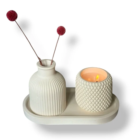 Minimalist Dekor Seti  Çizgili Vazo, Dikdörtgen desenli Mum ve Oval Sunumluk ürün görseli