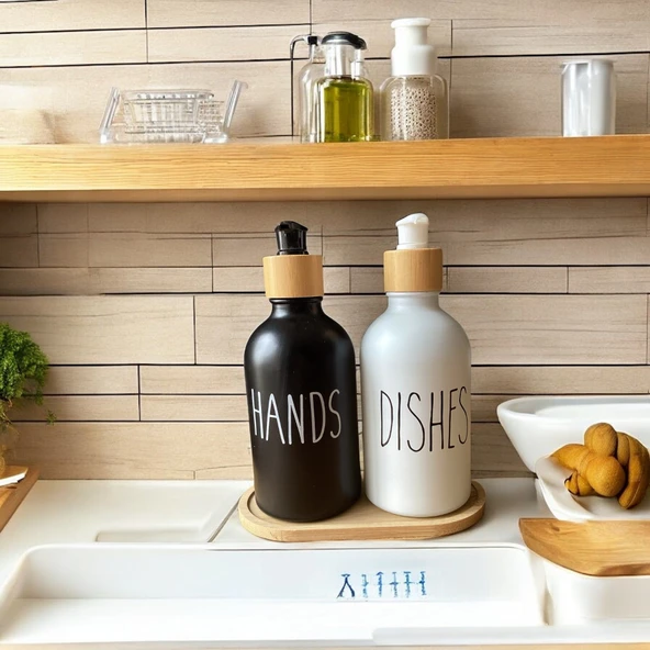 Brokoli Home 2 Adet  Siyah Beyaz Dekoratif Mutfak Banyo Sıvı Cam Sabunluk Seti  Bambu Stantlı Set