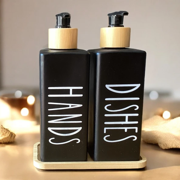 Brokoli Home 2’li Siyah Beyaz Dekoratif Mutfak Banyo Sıvı Cam Sabunluk Seti 300ml Bambu Stantlı Setİ - 3