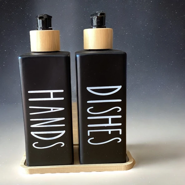 Brokoli Home 2’li Siyah Beyaz Dekoratif Mutfak Banyo Sıvı Cam Sabunluk Seti 300ml Bambu Stantlı Setİ - 4