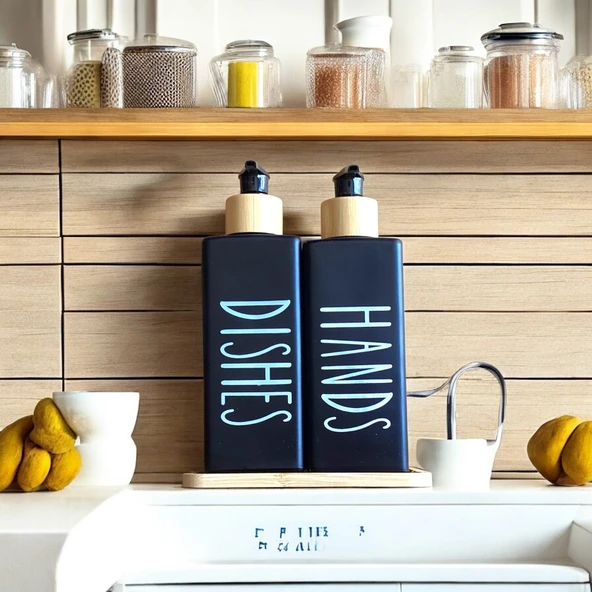 Brokoli Home 2’li Siyah Beyaz Dekoratif Mutfak Banyo Sıvı Cam Sabunluk Seti 300ml Bambu Stantlı Setİ