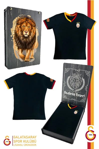 Galatasaray Orijinal Lisanslı Siyah Basic Çocuk T-shirt Gs Aslan Baskılı Hediyelik Ahşap Kutulu
