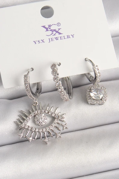 MuI MuI Pirinç Gümüş Renk Sallantı Zirkon Taşlı Göz Model 3'Lü Kadın Kombin Küpe ürün görseli 1