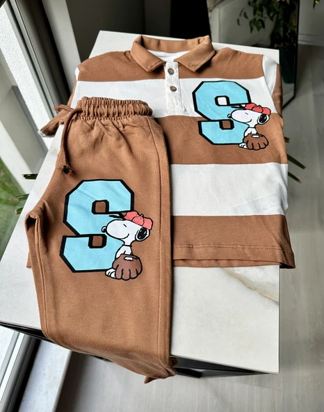 Çizgili Polo Yaka "Snoppy" Baskılı Kahverengi Takım