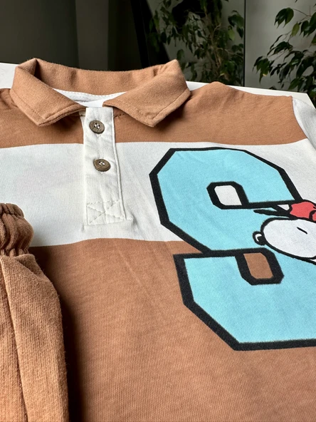 Çizgili Polo Yaka "Snoppy" Baskılı Kahverengi Takım - 3