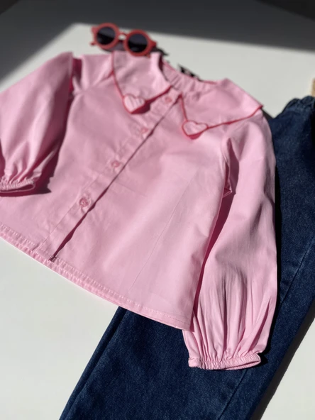 Kalp Detaylı Pembe Gömlek ve Koyu Mavi Kot Pantolon Takım - 10