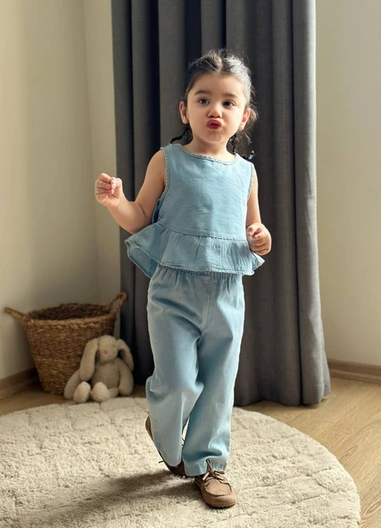 Mavi Denim Volanlı Bluz ve Pantolon Takımı