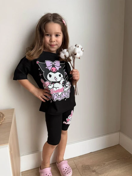 "Sweet Kuromi" Baskılı Siyah Tişört ve Tayt Takım