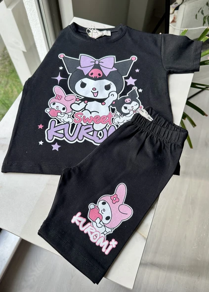 "Sweet Kuromi" Baskılı Siyah Tişört ve Tayt Takım - 3