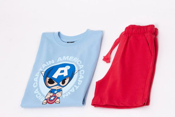 "Captain America" Baskılı Tişört ve Kırmızı Şort Takımı - 3
