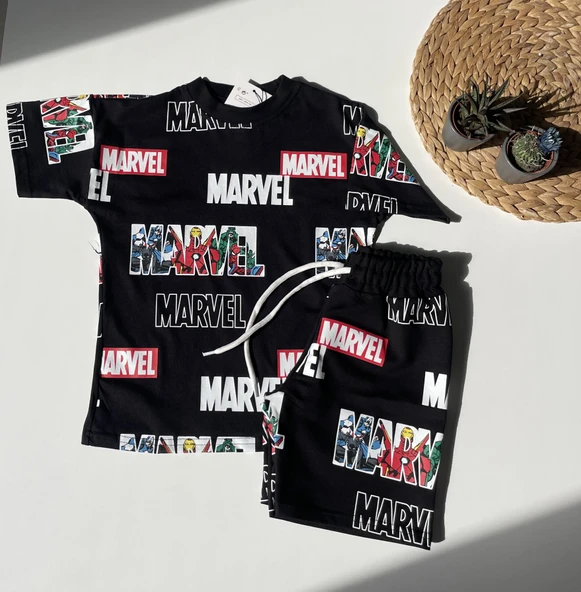 Marvel Baskılı Çocuk Tişört & Şort Takım – Siyah - 3