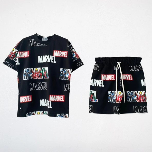 Marvel Baskılı Çocuk Tişört & Şort Takım – Siyah